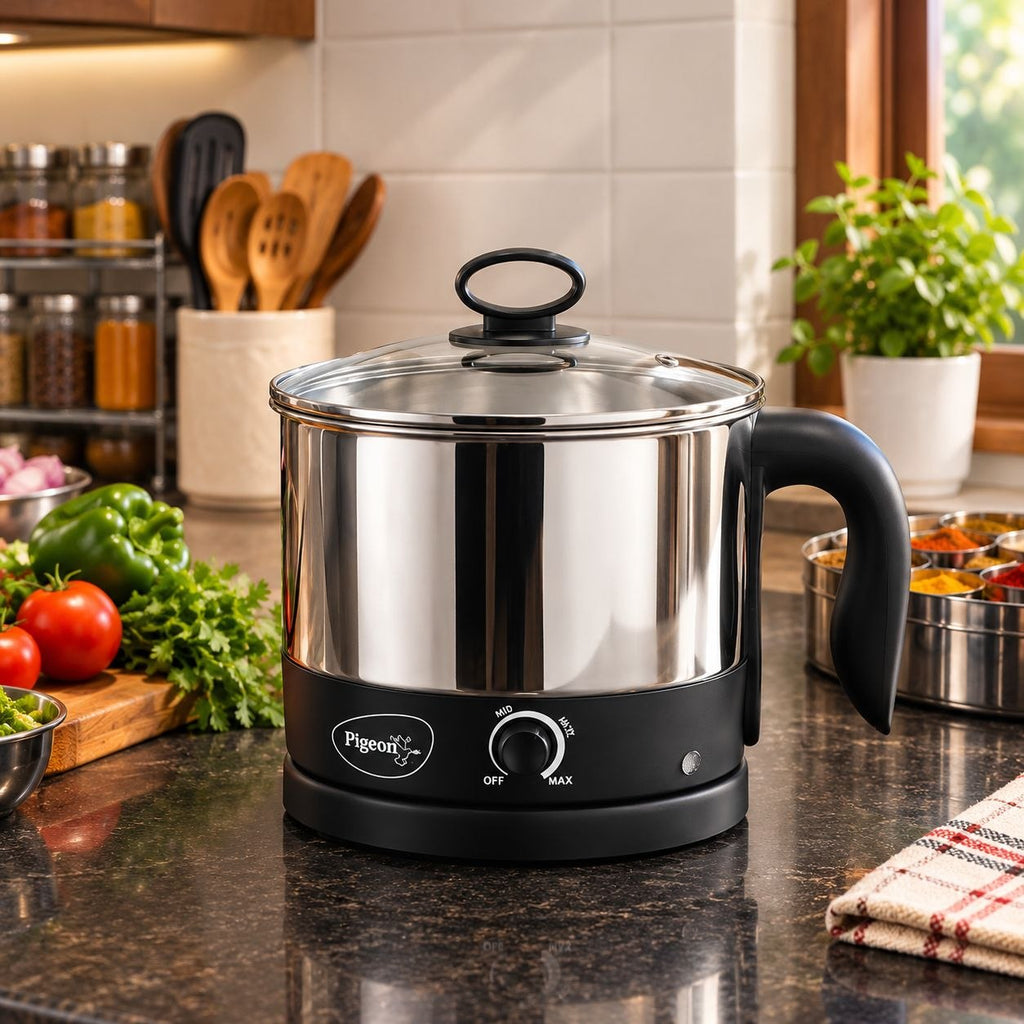 Pigeon Kessel Multipurpose Kettle (12173) 1.2 litres with Stainless Steel Body, used for boiling Water and milk, Tea, Coffee, Oats, Noodles, Soup etc. 600 Watt (Black & Silver)