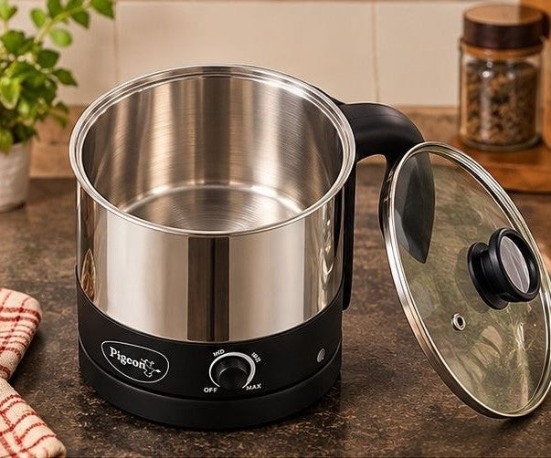 Pigeon Kessel Multipurpose Kettle (12173) 1.2 litres with Stainless Steel Body, used for boiling Water and milk, Tea, Coffee, Oats, Noodles, Soup etc. 600 Watt (Black & Silver)